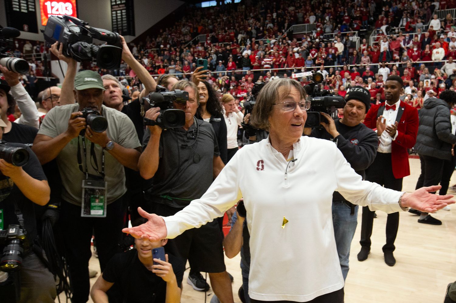 Jan 21, 2024; Stanford, California, USA; Stanford Cardinal head coach Tara VanDerveer reacts to winning her record 1,203rd collegiate coach win, a 65-56 victory over the Oregon State Beavers at Maples Pavilion. Mandatory Credit: D. Ross Cameron-USA TODAY Sports